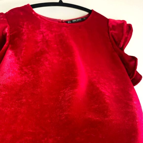 Zara Ruby Red Velour Ruffled Sleeve Semi-cropped Top - Picture 4 of 8